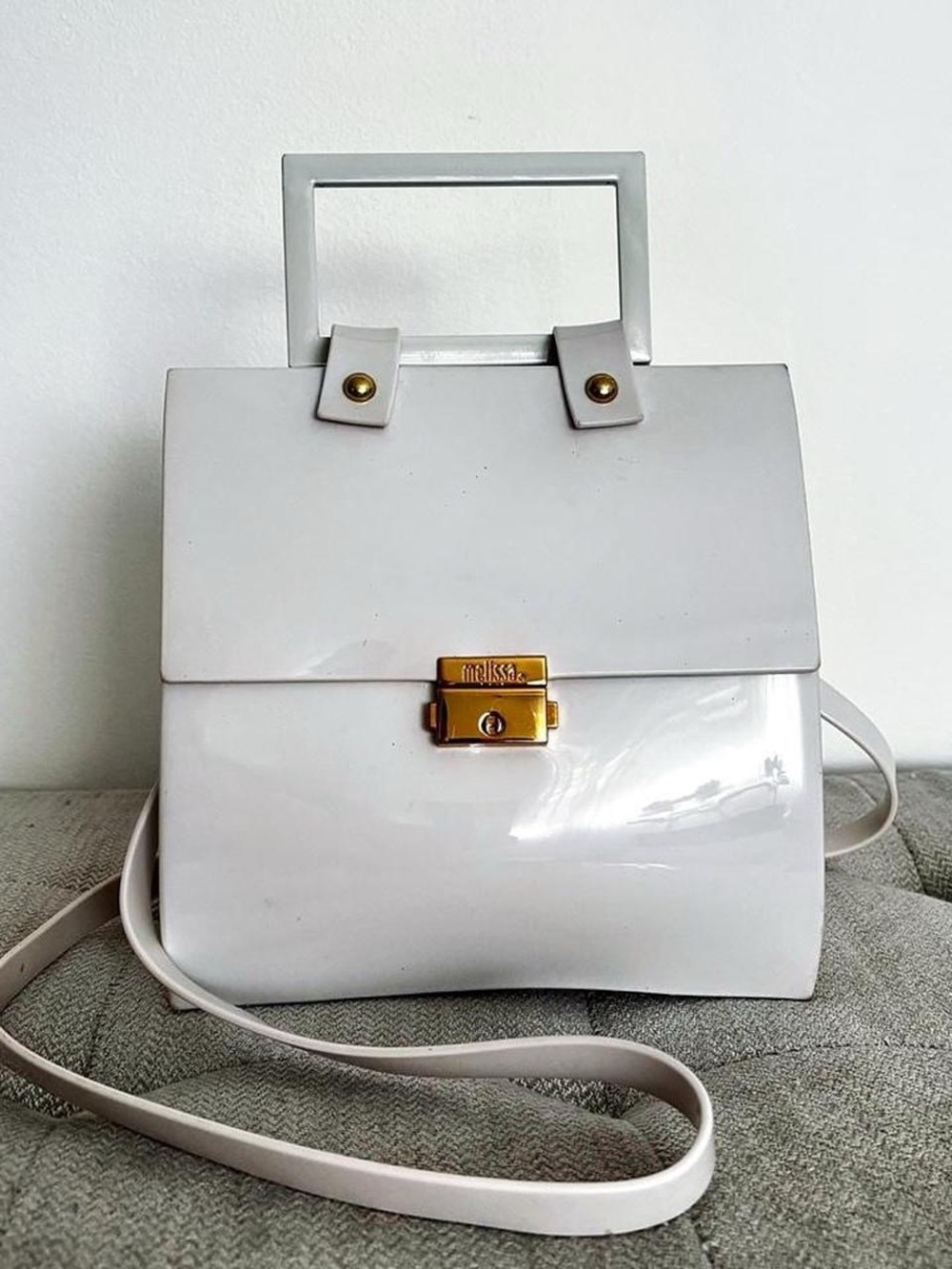 Melissa White Glossy Top-Handle Satchel with Gold Lock
